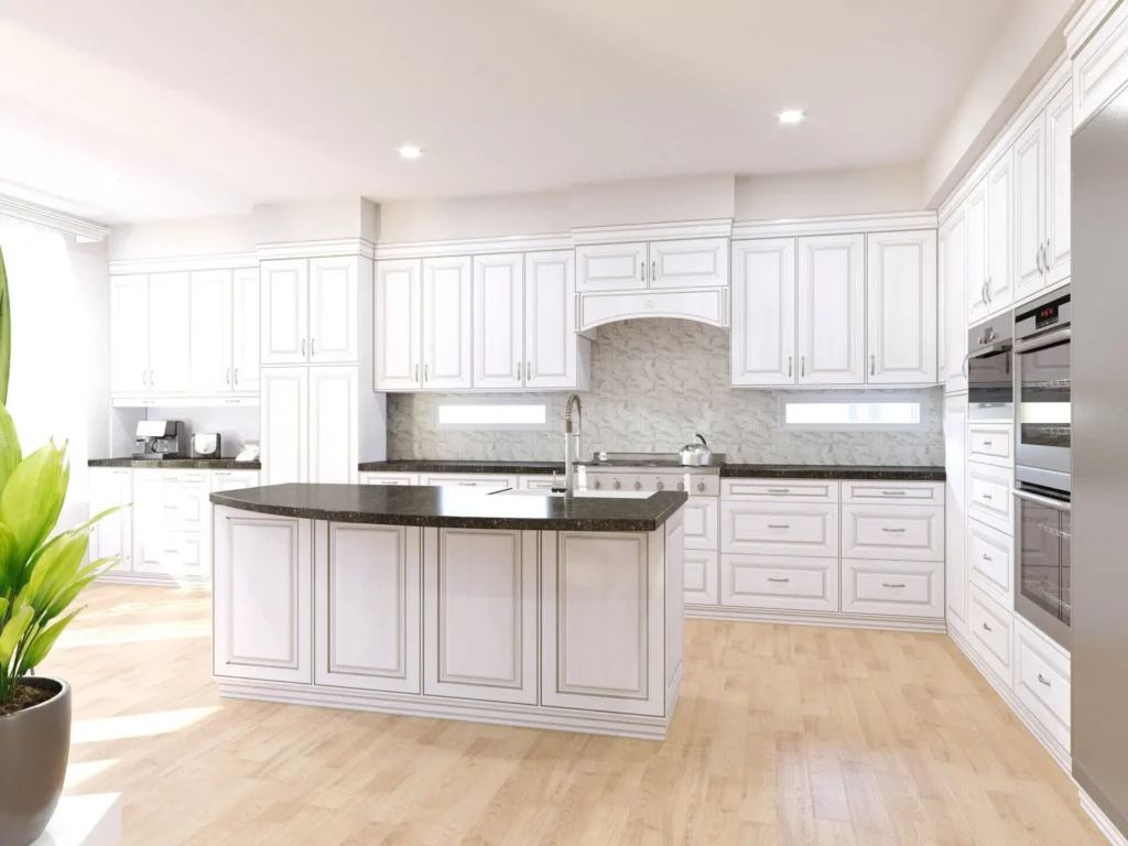 A large kitchen with white cabinets and a dark countertop.