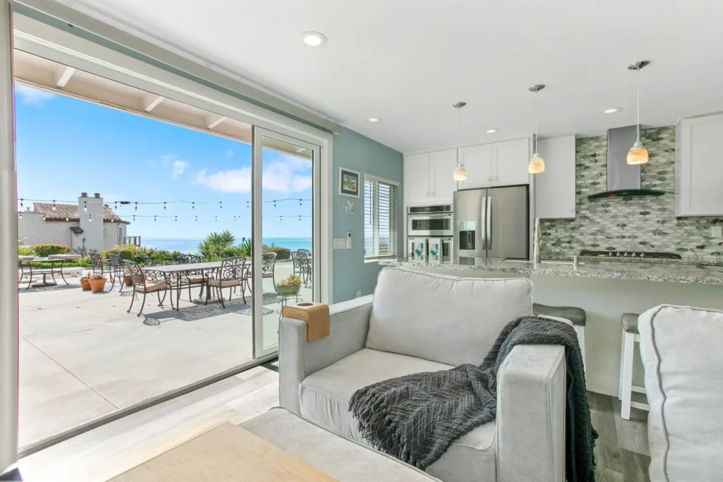 Kitchen with ocean view and patio.