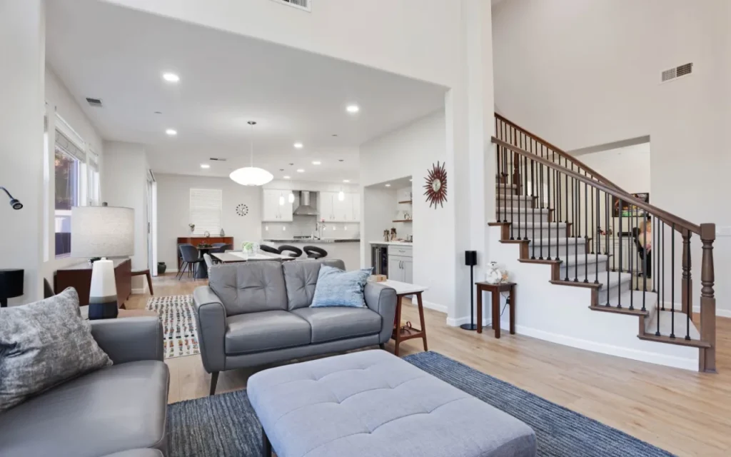 Staircase and living room in a modern house.