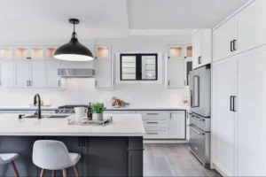 Black and white modern kitchen with island