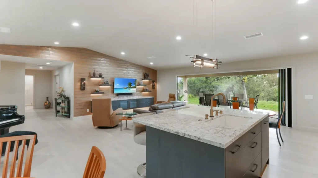 Modern open concept living room and kitchen.