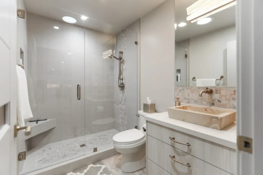 Modern bathroom with large glass shower and stone sink.
