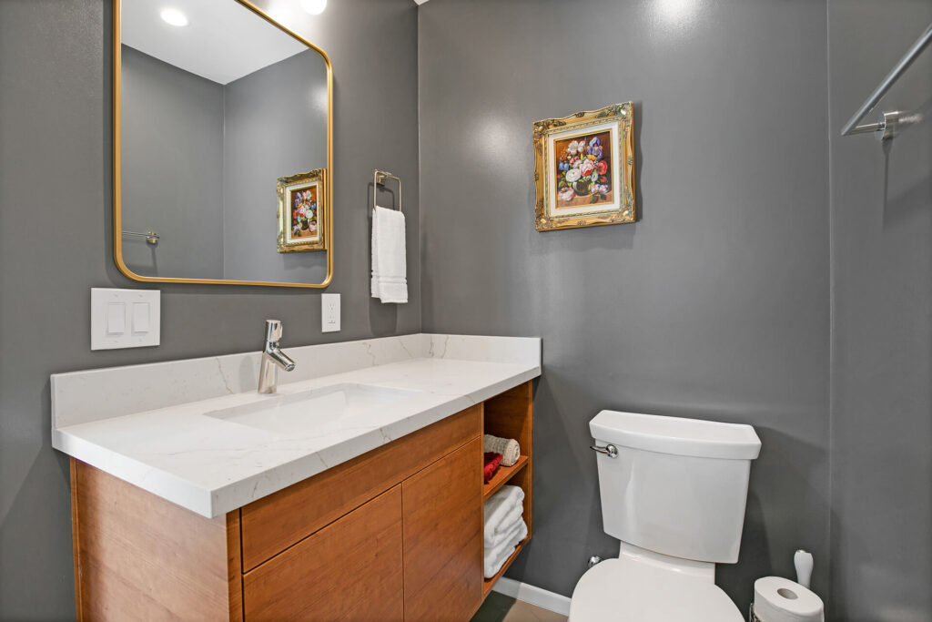 Bathroom with dark grey walls, white toilet and vanity.