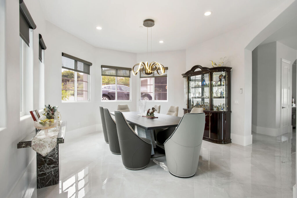 Elegant dining room with modern furniture.