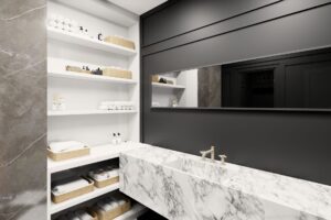 Bathroom interior with marble sink and dark walls.