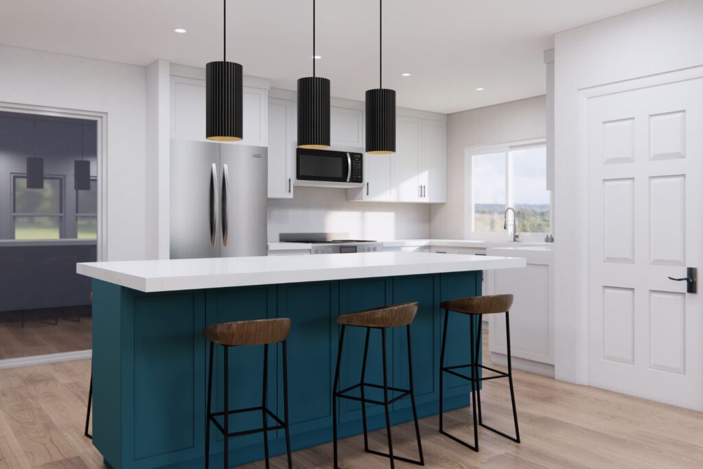 A kitchen island with a white top and blue base.